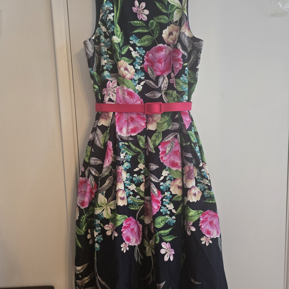 Eliza J Navy Floral Dress with Pink and Green Accents